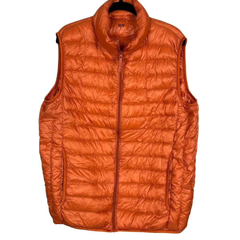 Uniqlo Ultra Light Down Vest Orange Quilted Puffer Zip Mens Large 315-079120 382